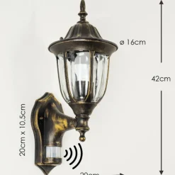 Luminaires Rustiques-hofstein Applique murale d'extérieur Ribadeo Noir doré, 1 lumière, Détecteur de mouvement
