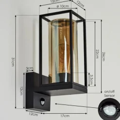 Suspension Verre Fumé-hofstein Applique murale d'extérieur Palanga Noir, 1 lumière, Détecteur de mouvement