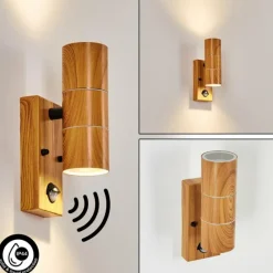 Lampes En Bois-hofstein Applique murale d'extérieur Tenvik Brun, Couleur bois, Noir, 2 lumières, Détecteur de mouvement