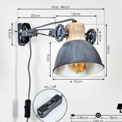 Lampes Industrielles-hofstein Applique murale Orny Gris, Bois clair, 1 lumière