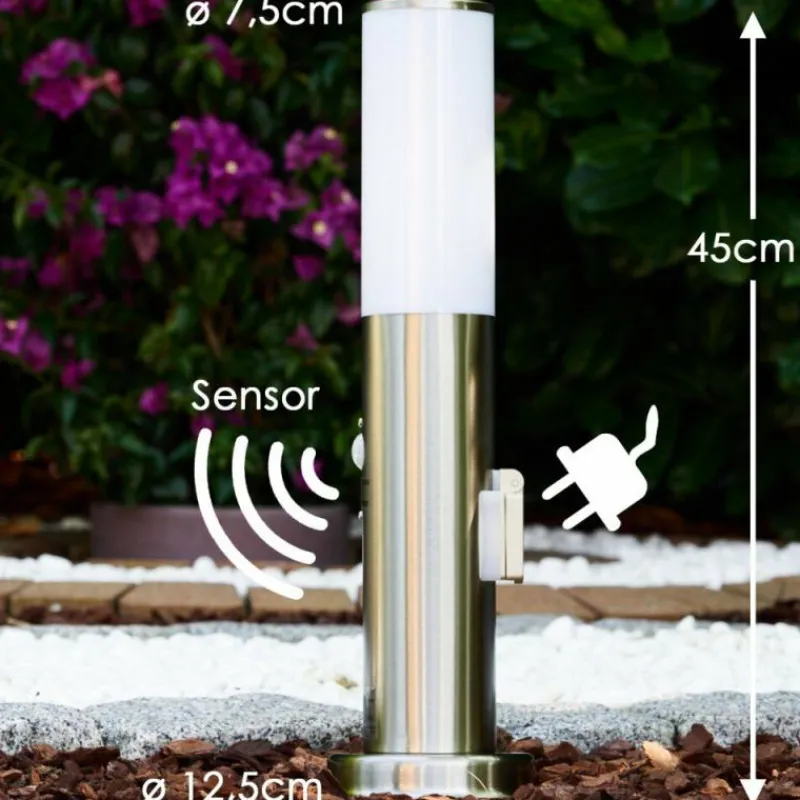 hofstein Caserta Lampadaire, Eclairage de chemin Acier inoxydable, 1 lumière, Détecteur de mouvement