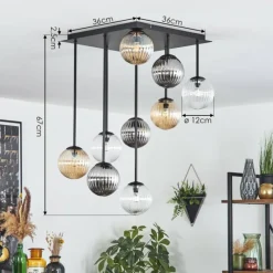 hofstein Chehalis Plafonnier, Boule lumineuse Ambre, Clair, Fumé, 9 lumières