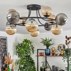 hofstein Chehalis Plafonnier, Boule lumineuse Ambre, Fumé, 12 lumières