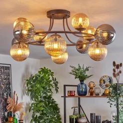 hofstein Chehalis Plafonnier, Boule lumineuse Ambre, Fumé, 12 lumières