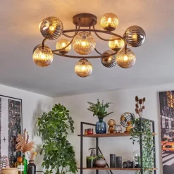 hofstein Chehalis Plafonnier, Boule lumineuse Ambre, Fumé, 12 lumières