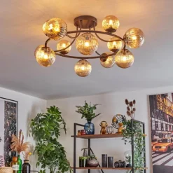 hofstein Chehalis Plafonnier, Boule lumineuse Ambre, 12 lumières