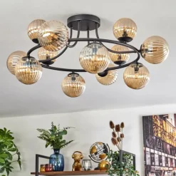 hofstein Chehalis Plafonnier, Boule lumineuse Ambre, 12 lumières