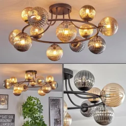 hofstein Chehalis Plafonnier, Boule lumineuse 76 cm Ambre, Fumé, 12 lumières