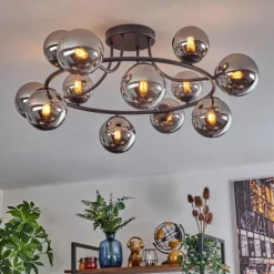 hofstein Chehalis Plafonnier, Boule lumineuse 76 cm Chrome, Fumé, 12 lumières