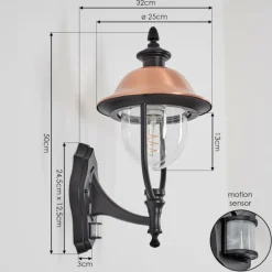 Luminaires Rustiques-hofstein Gascon Lampe murale d´extérieur, Applique murale Cuivre, Noir, 1 lumière, Détecteur de mouvement