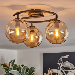 hofstein Gastor Plafonnier, Boule lumineuse Ambre, 3 lumières