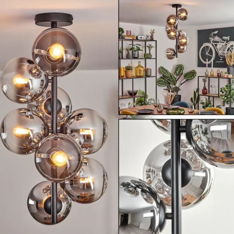 hofstein Gastor Plafonnier, Boule lumineuse 32 cm Chrome, Clair, Fumé, 8 lumières