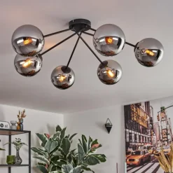 Suspension Verre Fumé-hofstein Gastor Plafonnier, Boule lumineuse 80 cm Chrome, Fumé, 6 lumières