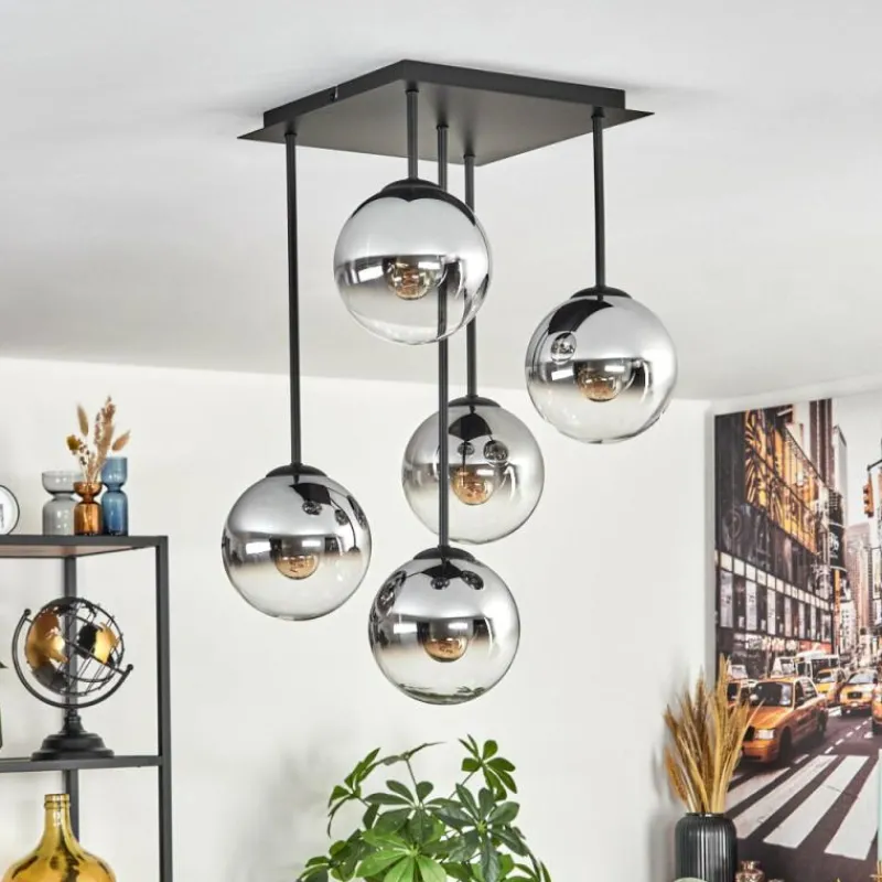 Suspension Verre Fumé-hofstein Gastor Plafonnier, Boule lumineuse Chrome, Clair, Fumé, 5 lumières