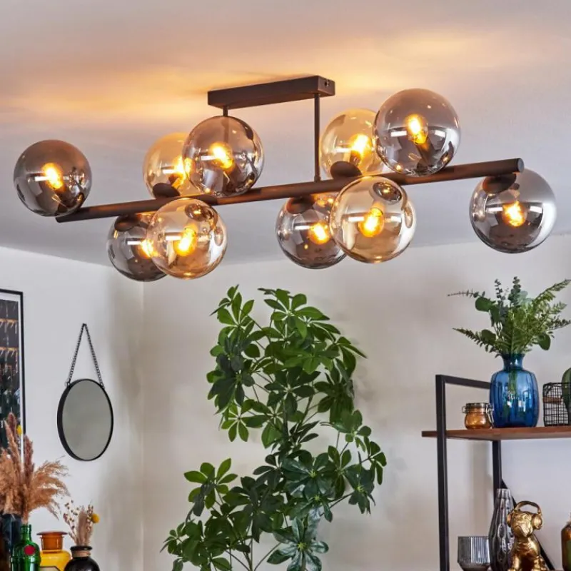 hofstein Gastor Plafonnier, Boule lumineuse Ambre, Fumé, 10 lumières