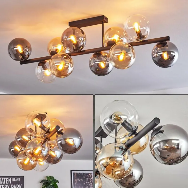 hofstein Gastor Plafonnier, Boule lumineuse Ambre, Clair, Fumé, 10 lumières