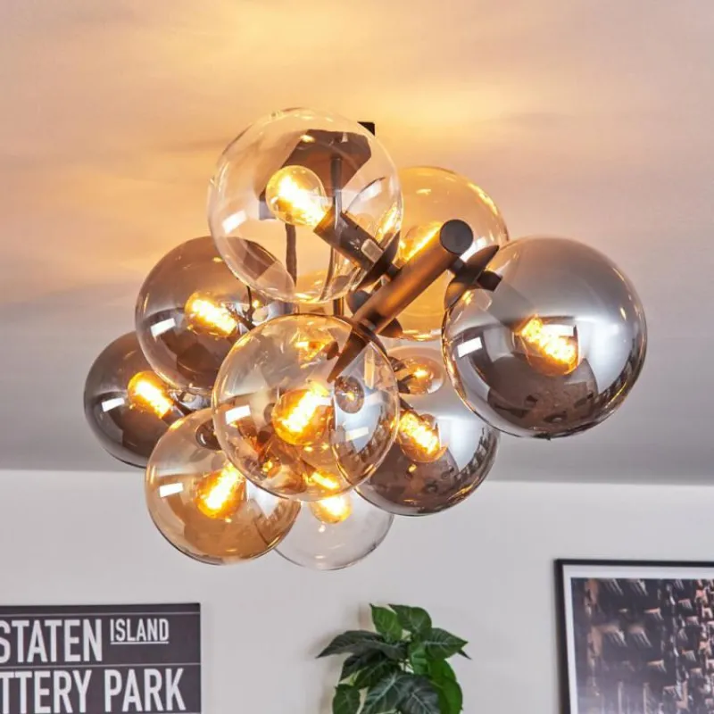 hofstein Gastor Plafonnier, Boule lumineuse Ambre, Clair, Fumé, 10 lumières