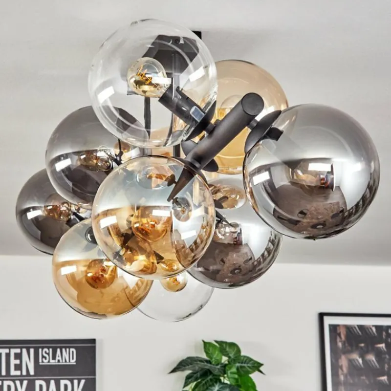 hofstein Gastor Plafonnier, Boule lumineuse Ambre, Clair, Fumé, 10 lumières