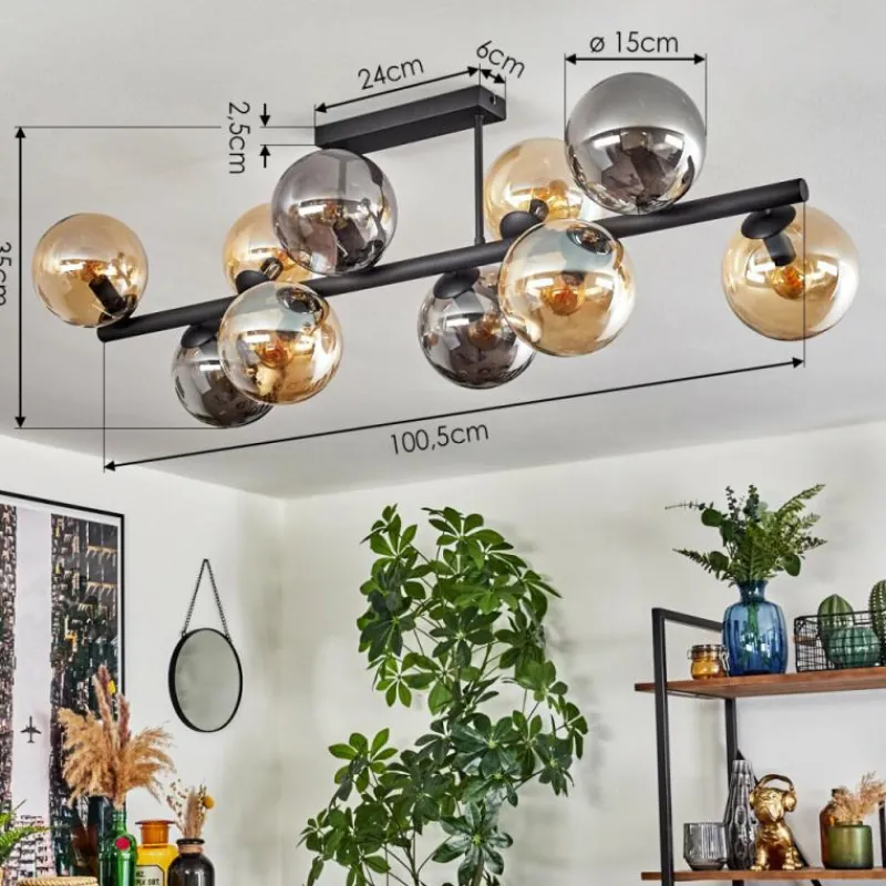 hofstein Gastor Plafonnier, Boule lumineuse Ambre, Fumé, 10 lumières
