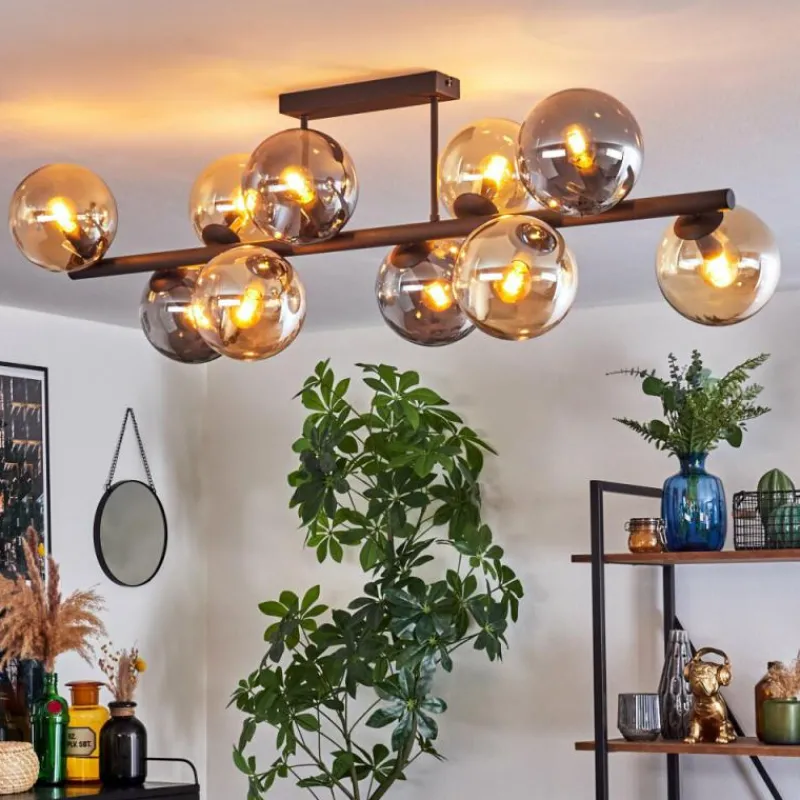 hofstein Gastor Plafonnier, Boule lumineuse Ambre, Fumé, 10 lumières