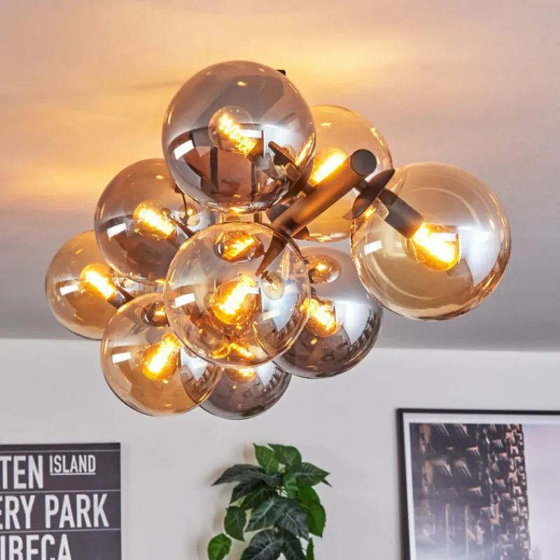 hofstein Gastor Plafonnier, Boule lumineuse Ambre, Fumé, 10 lumières