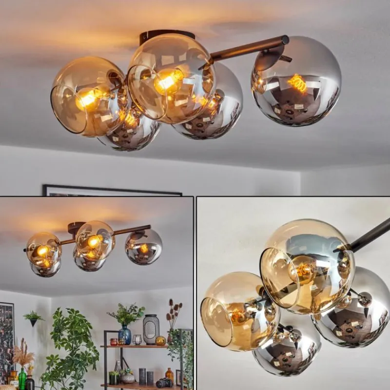 hofstein Gastor Plafonnier, Boule lumineuse Ambre, Chrome, Fumé, 5 lumières