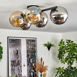 hofstein Gastor Plafonnier, Boule lumineuse Ambre, Chrome, Fumé, 5 lumières