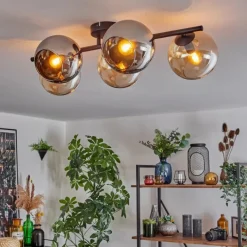 hofstein Gastor Plafonnier, Boule lumineuse Ambre, Chrome, Fumé, 5 lumières