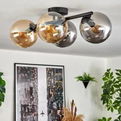 hofstein Gastor Plafonnier, Boule lumineuse Ambre, Fumé, 4 lumières