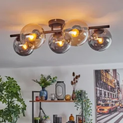 hofstein Gastor Plafonnier, Boule lumineuse Ambre, Fumé, 5 lumières