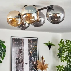 hofstein Gastor Plafonnier, Boule lumineuse Ambre, Fumé, 5 lumières