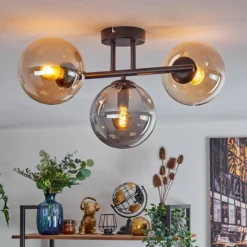 hofstein Gastor Plafonnier, Boule lumineuse Ambre, Fumé, 3 lumières