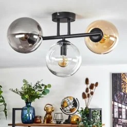 hofstein Gastor Plafonnier, Boule lumineuse Ambre, Clair, Fumé, 3 lumières