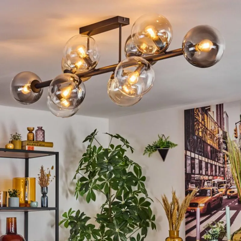 Suspension Verre Fumé-hofstein Gastor Plafonnier, Boule lumineuse Ambre, Clair, Fumé, 10 lumières