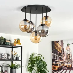 Suspension Verre Fumé-hofstein Gastor Plafonnier, Boule lumineuse 45 cm Ambre, Fumé, 5 lumières