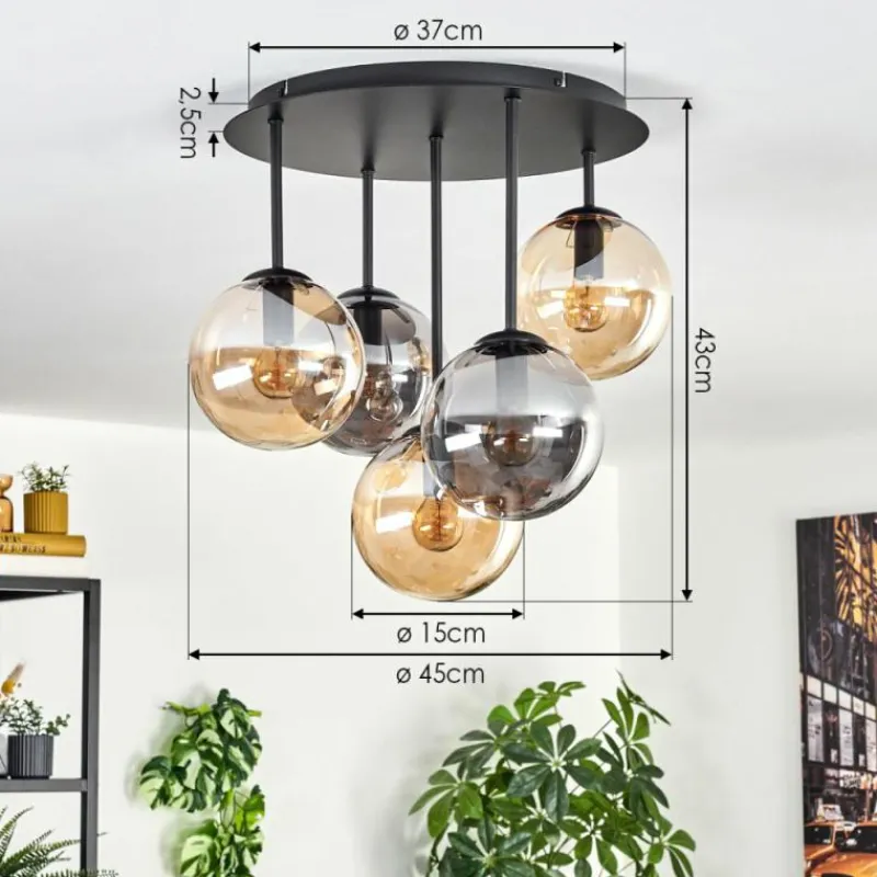 Suspension Verre Fumé-hofstein Gastor Plafonnier, Boule lumineuse 45 cm Ambre, Fumé, 5 lumières