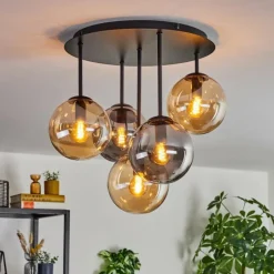 Suspension Verre Fumé-hofstein Gastor Plafonnier, Boule lumineuse 45 cm Ambre, Fumé, 5 lumières