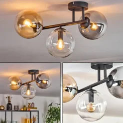 hofstein Gastor Plafonnier, Boule lumineuse Ambre, Clair, Fumé, 3 lumières