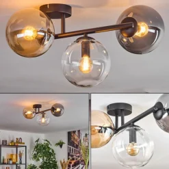 hofstein Gastor Plafonnier, Boule lumineuse Ambre, Clair, Fumé, 3 lumières