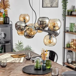 hofstein Gastor Suspension, Boule lumineuse, Suspension Ambre, Chrome, Fumé, 10 lumières