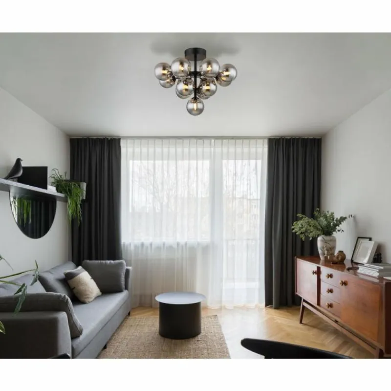 Suspension Verre Fumé-Luminaires Globo Lighting Grappy Plafonnier Noir, 13 lumières