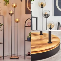 Suspension Verre Fumé-hofstein Koyoto Lampadaire 30 cm Bois clair, Noir, 3 lumières