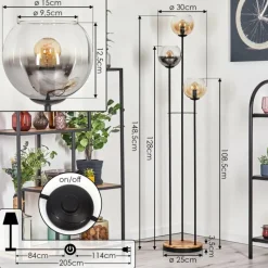 Suspension Verre Fumé-hofstein Koyoto Lampadaire 30 cm Bois clair, Noir, 3 lumières