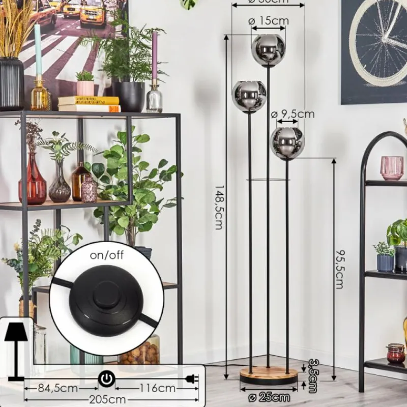 hofstein Koyoto Lampadaire Bois clair, Noir, 3 lumières