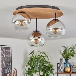 hofstein Koyoto Plafonnier, Boule lumineuse 40 cm Brun, Couleur bois, Noir, 3 lumières