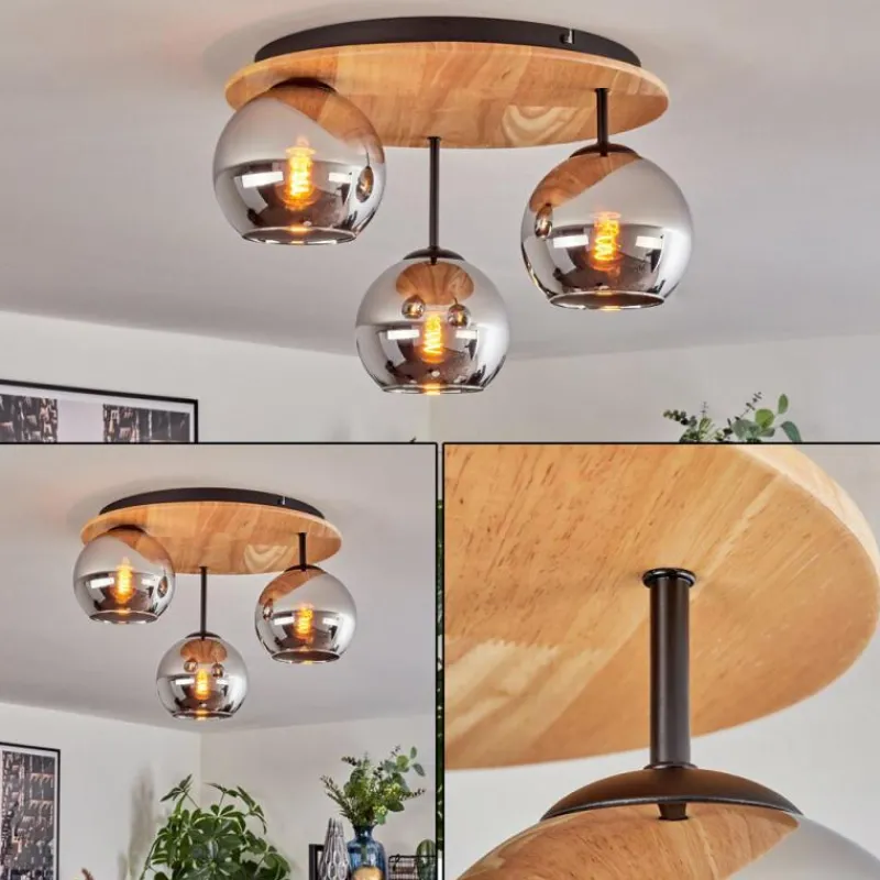 Suspension Verre Fumé-hofstein Koyoto Plafonnier, Boule lumineuse 40 cm Écru, Noir, 3 lumières