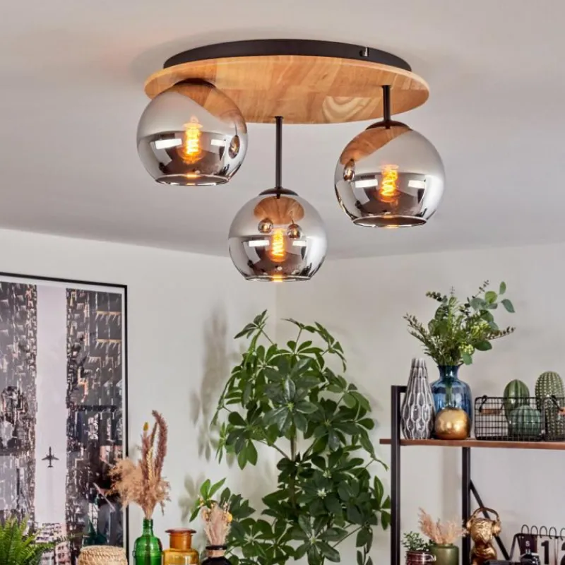 Suspension Verre Fumé-hofstein Koyoto Plafonnier, Boule lumineuse 40 cm Écru, Noir, 3 lumières