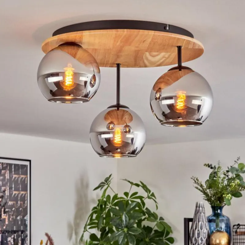 Suspension Verre Fumé-hofstein Koyoto Plafonnier, Boule lumineuse 40 cm Écru, Noir, 3 lumières