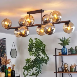 hofstein Koyoto Plafonnier, Boule lumineuse Ambre, Chrome, Fumé, 10 lumières