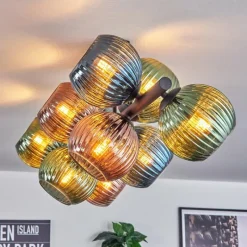 hofstein Koyoto Plafonnier, Boule lumineuse Bleu, Vert, Cuivré, 10 lumières